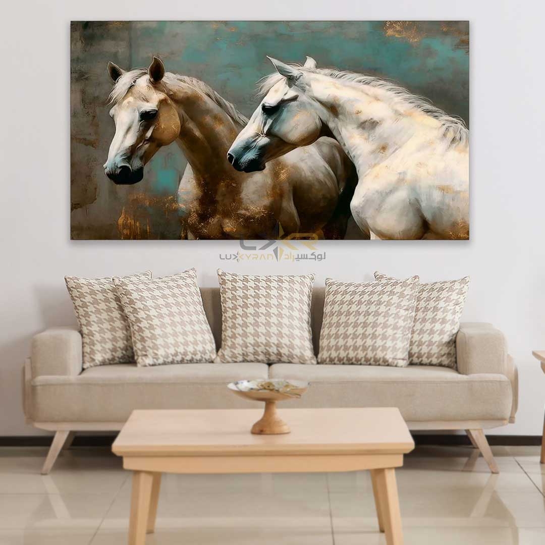 تابلو دکوراتیو مستطیلی طرح دو اسب سفید قهوه ای