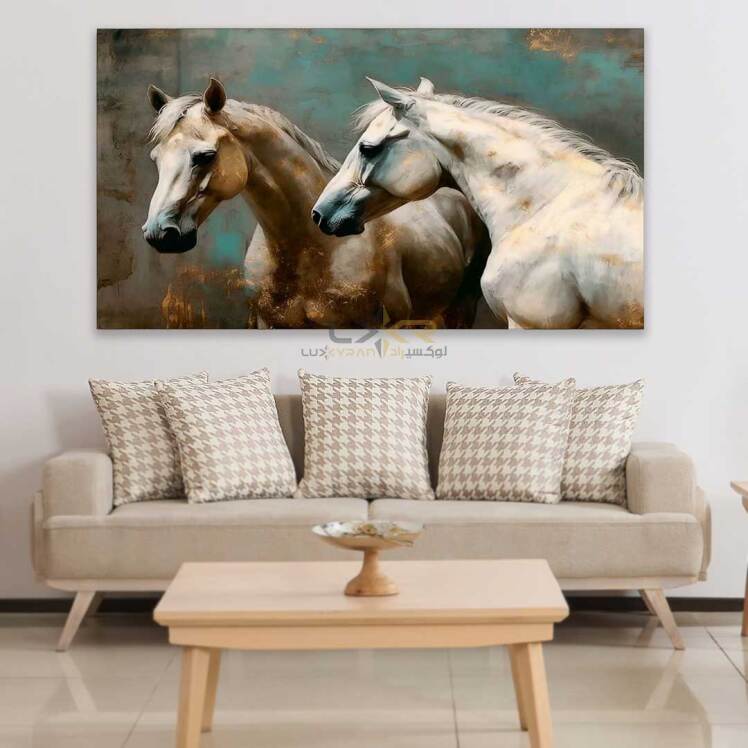 تابلو دکوراتیو مستطیلی طرح دو اسب سفید قهوه ای