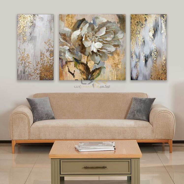 تابلو طرح گل طلایی سفید سبک مدرن سه تیکه