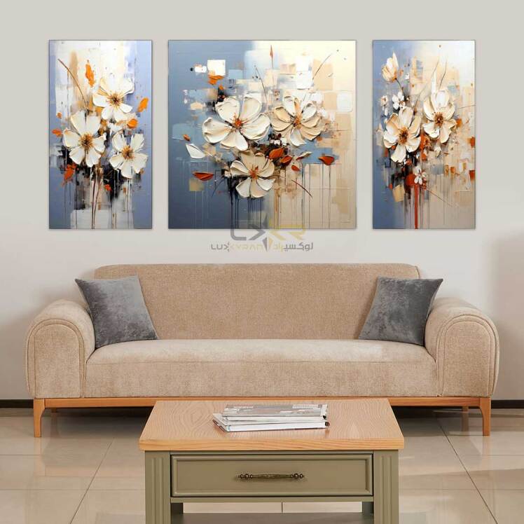 تابلو مدرن طرح گل سفید و آبی سه تیکه