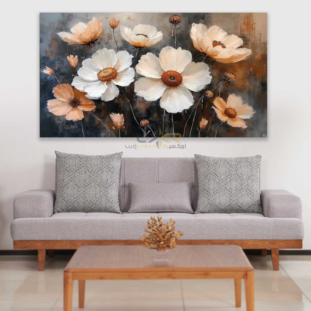  تابلو دکوراتیو مستطیلی طرح گل رنگ سفید و کرم 