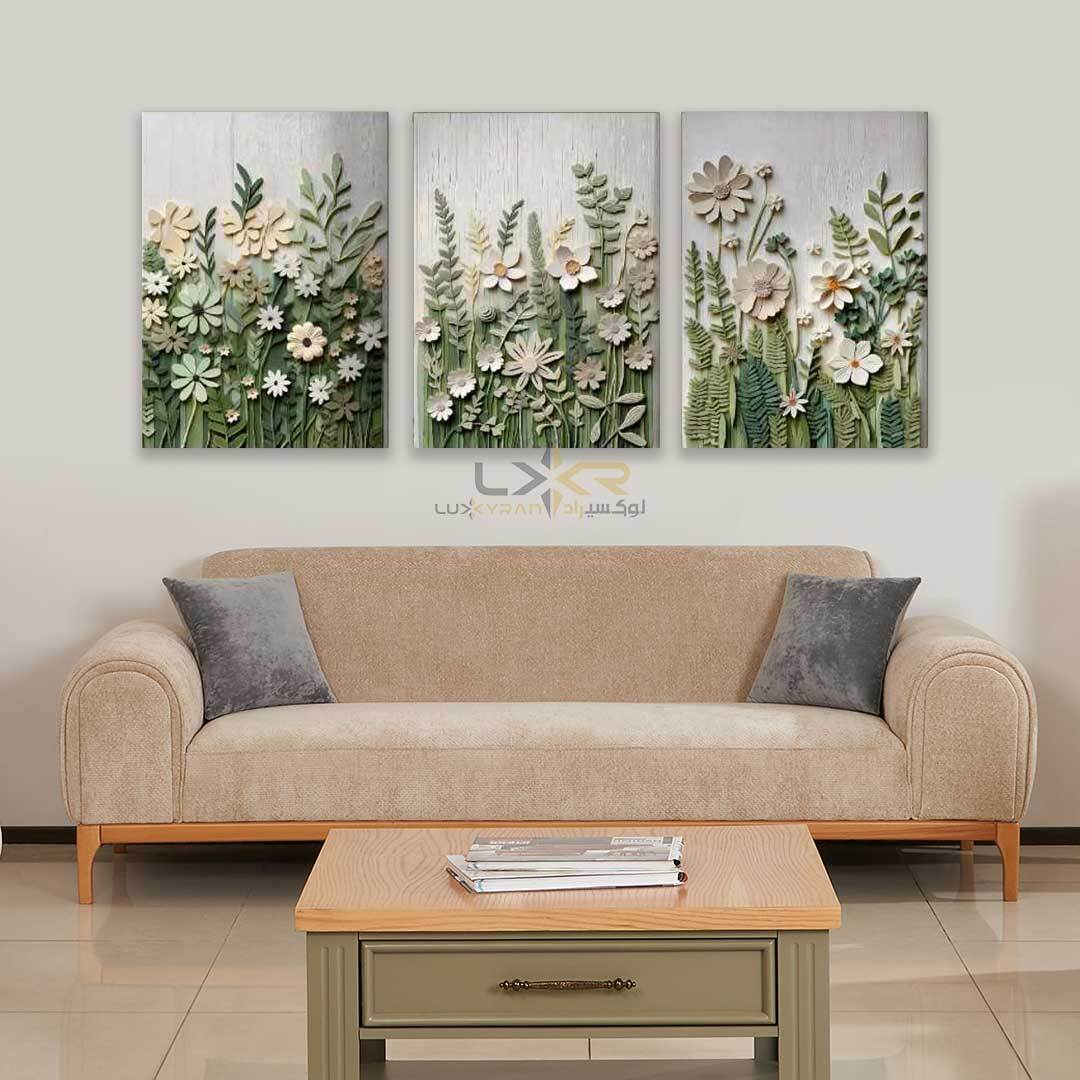 تابلو مدرن با طرح گل رنگ سبز سه تیکه