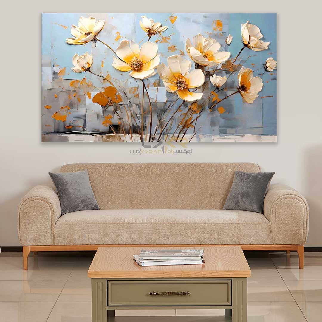 تابلو دکوراتیو مستطیلی طرح گل سفید آبی