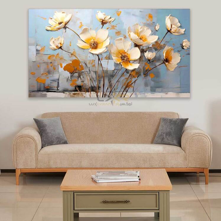 تابلو دکوراتیو مستطیلی طرح گل سفید آبی