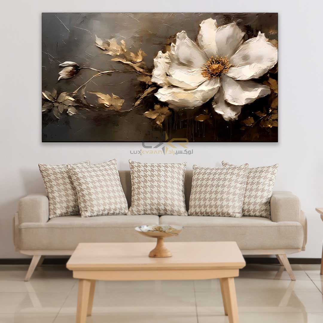  تابلو دکوراتیو مستطیلی طرح گل سفید و بک گراند قهوه ای 