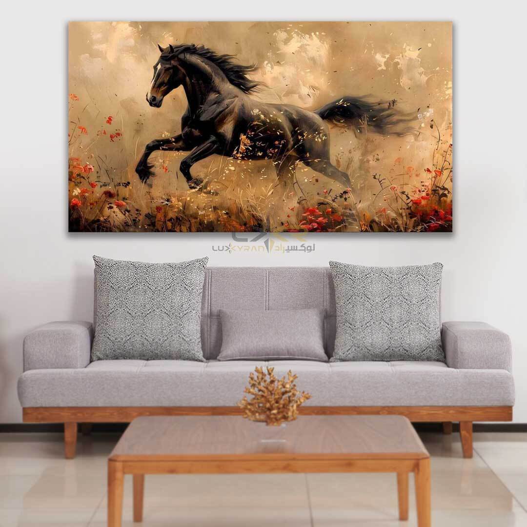 تابلو دکوراتیو مستطیلی طرح اسب سیاه در حال دویدن در علفزار