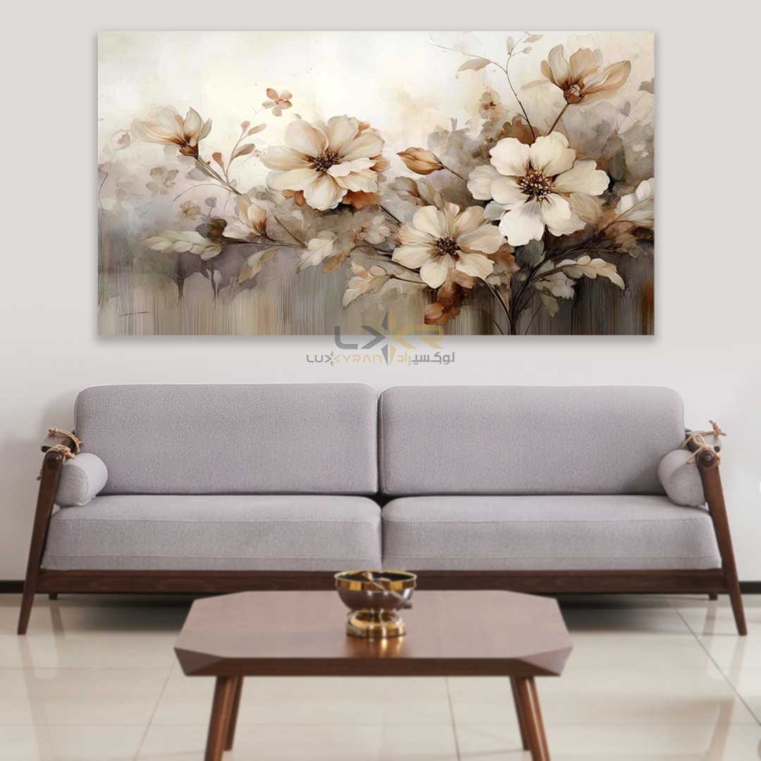 تابلو دکوراتیو مستطیلی طرح گل های سفید طوسی 