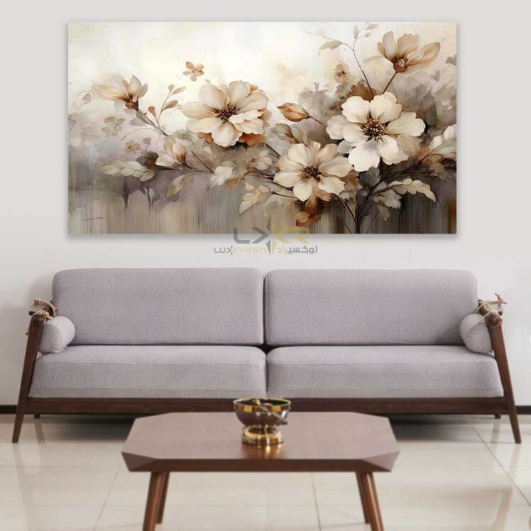 تابلو دکوراتیو مستطیلی طرح گل های سفید طوسی