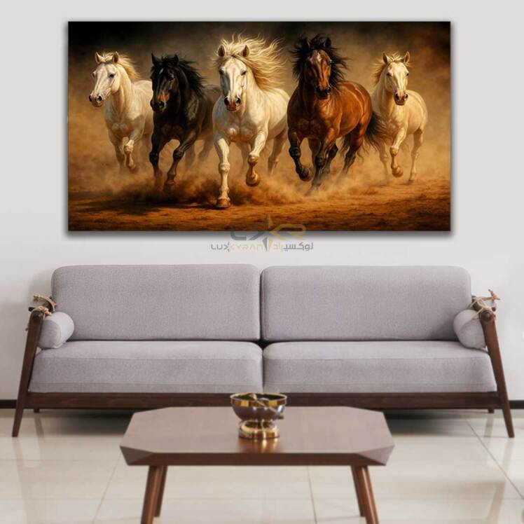 تابلو دکوراتیو مستطیلیطرح اسب ها درحال دویدن روی شن