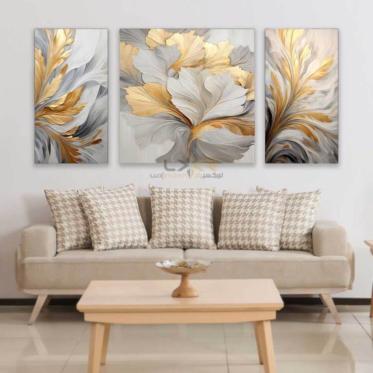 تابلو طرح گل طلایی سفید سبک نئوکلاسیک سه تیکه