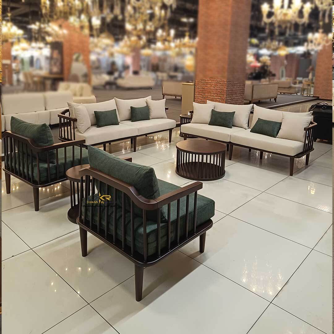 مبل پینترستی و مدرن رنگ کرم و سبز تمام چوب