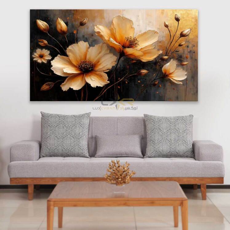 تابلو دکوراتیو مستطیلی طرح گل نارنجی و بک گراند قهوه ای