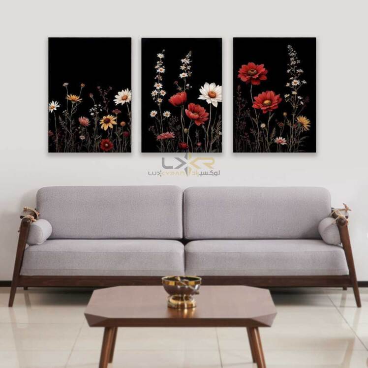 تابلو طرح گل های ریز زمینه مشکی سبک مدرن سه تیکه