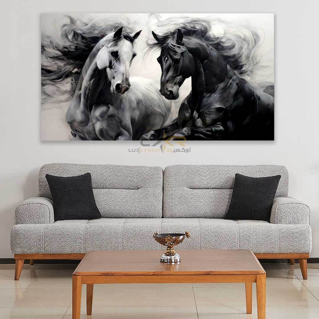 تابلو دکوراتیو مستطیلی طرح دو اسب سفید مشکی