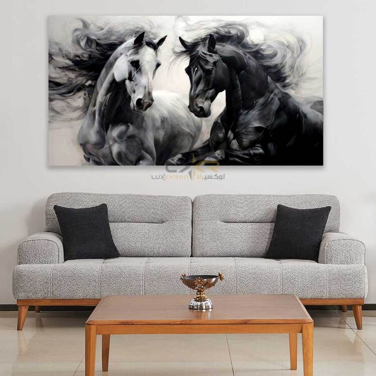 تابلو دکوراتیو مستطیلی طرح دو اسب سفید مشکی