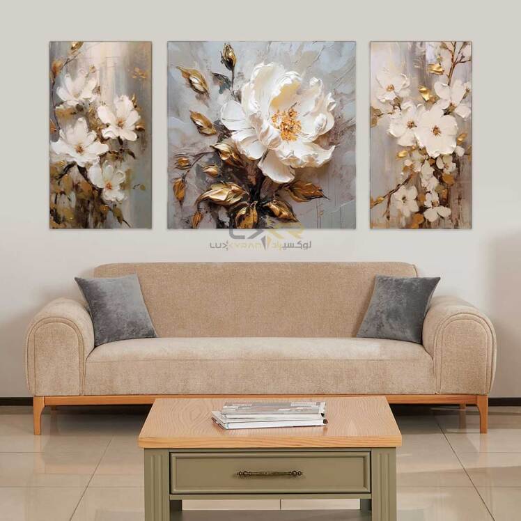 تابلو نئوکلاسیک با طرح گل سفید برجسته سه تیکه