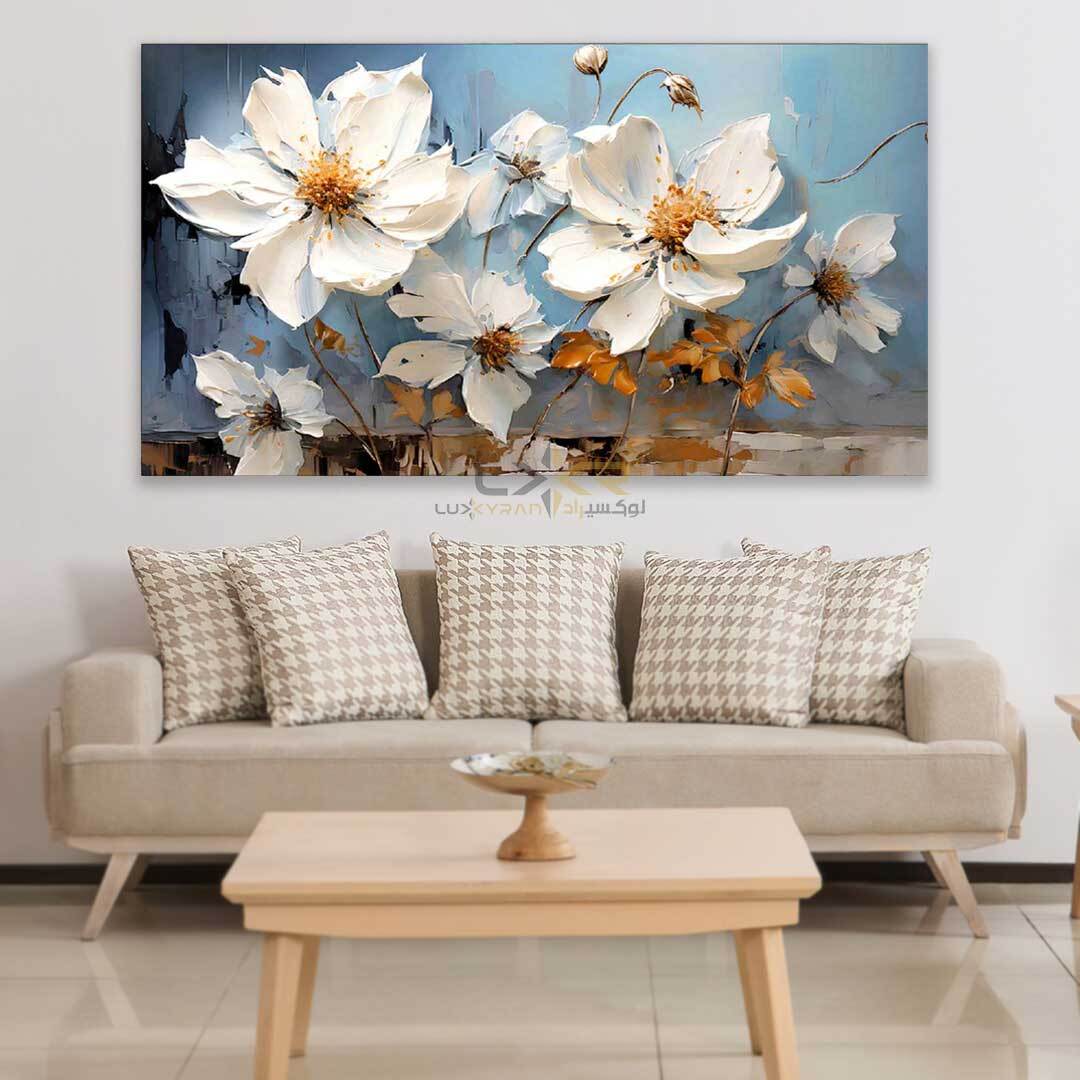  تابلو دکوراتیو مستطیلی طرح گل سفید و بک گراند آبی 