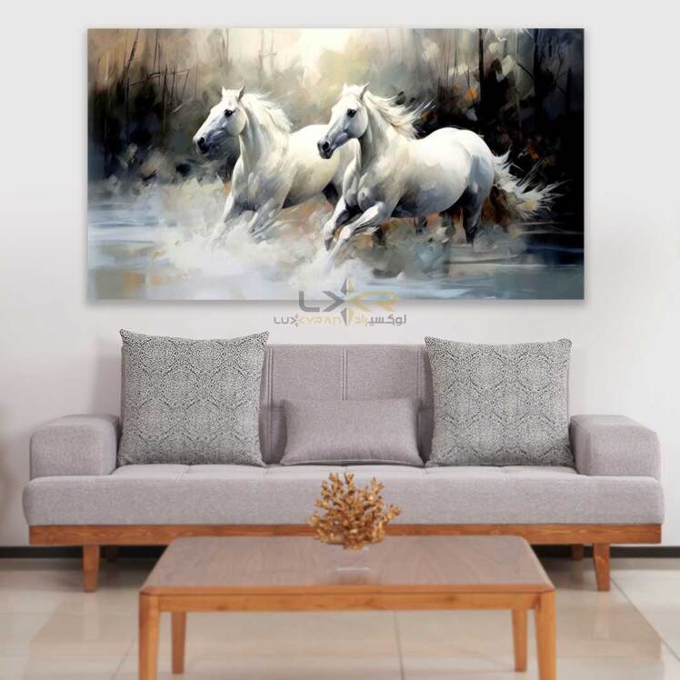 تابلو دکوراتیو مستطیلی طرح دو اسب سفید