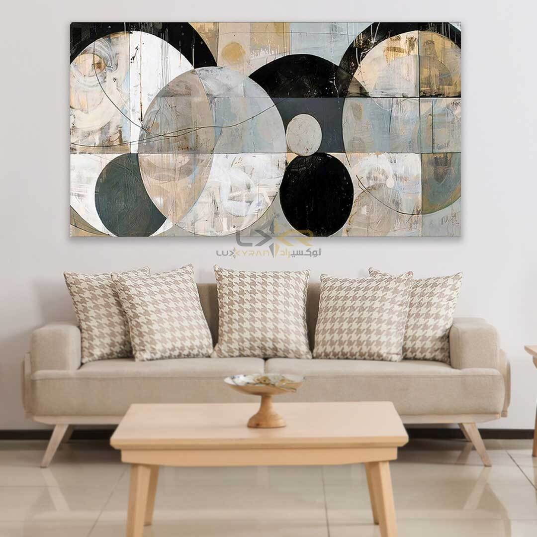  تابلو دکوراتیو مستطیلی طرح دایره ای رنگ کرم مشکی 