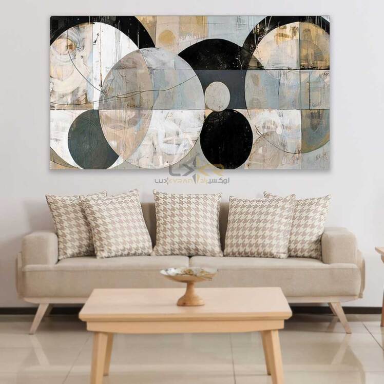 تابلو دکوراتیو مستطیلی طرح دایره ای رنگ کرم مشکی