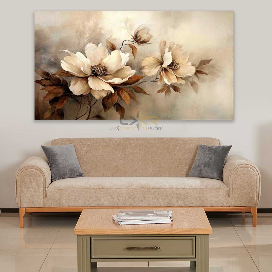  تابلو دکوراتیو مستطیلی طرح گل رنگ کرم نخودی 