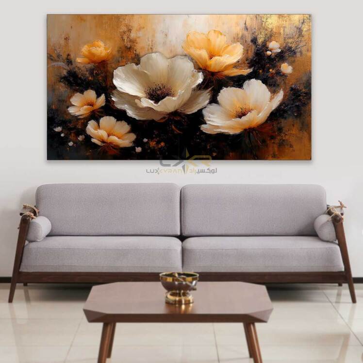 تابلو دکوراتیو مستطیلی طرح گل کرم نارنجی