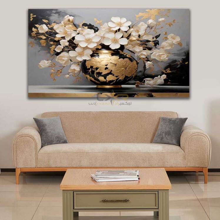 تابلو دکوراتیو مستطیلی طرح گل های سفید داخل گلدون طلایی مشکی