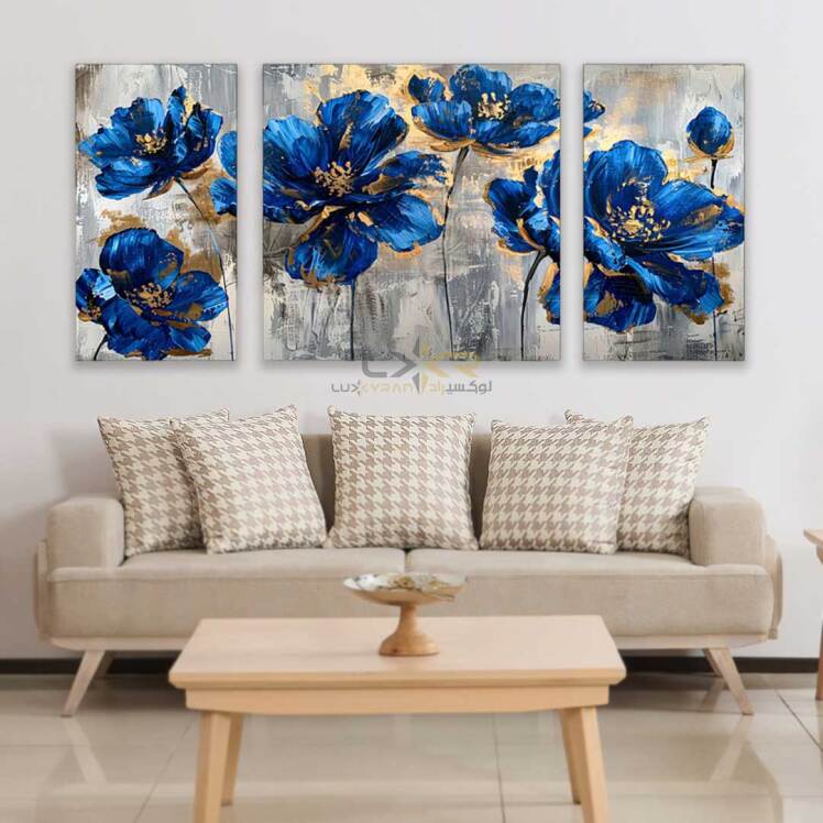 تابلو مدرن با طرح گل آبی سه تیکه