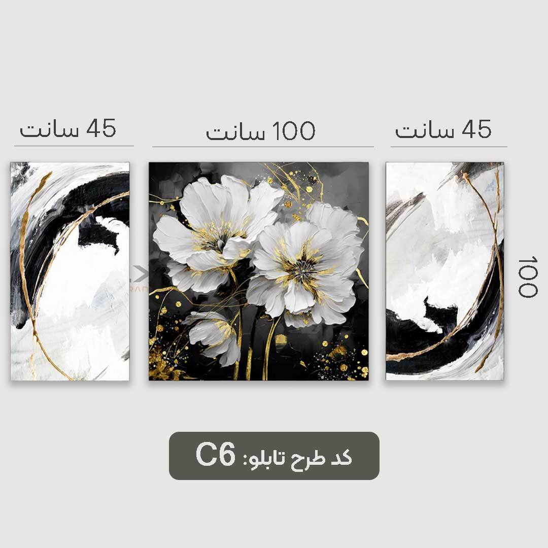  تابلو طرح گل سفید مشکی سبک مدرن سه تیکه 