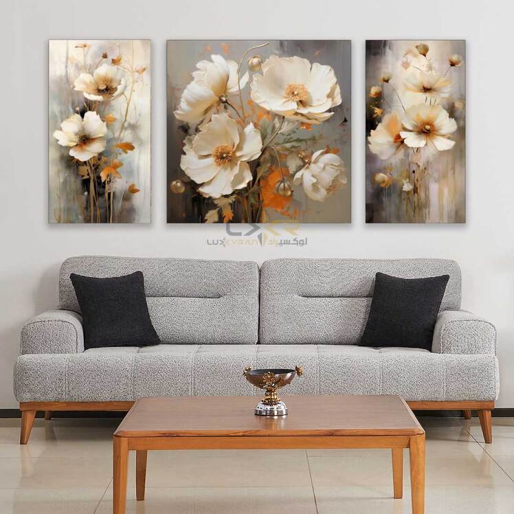 تابلو مدرن طرح گل سفید و نارنجی سه تیکه