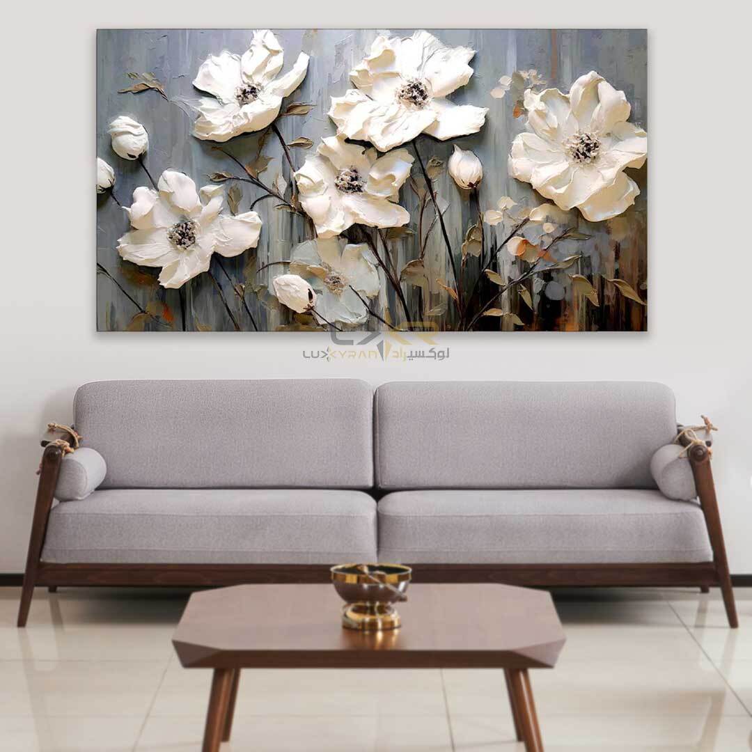  تابلو دکوراتیو مستطیلی طرح گل سفید طوسی 