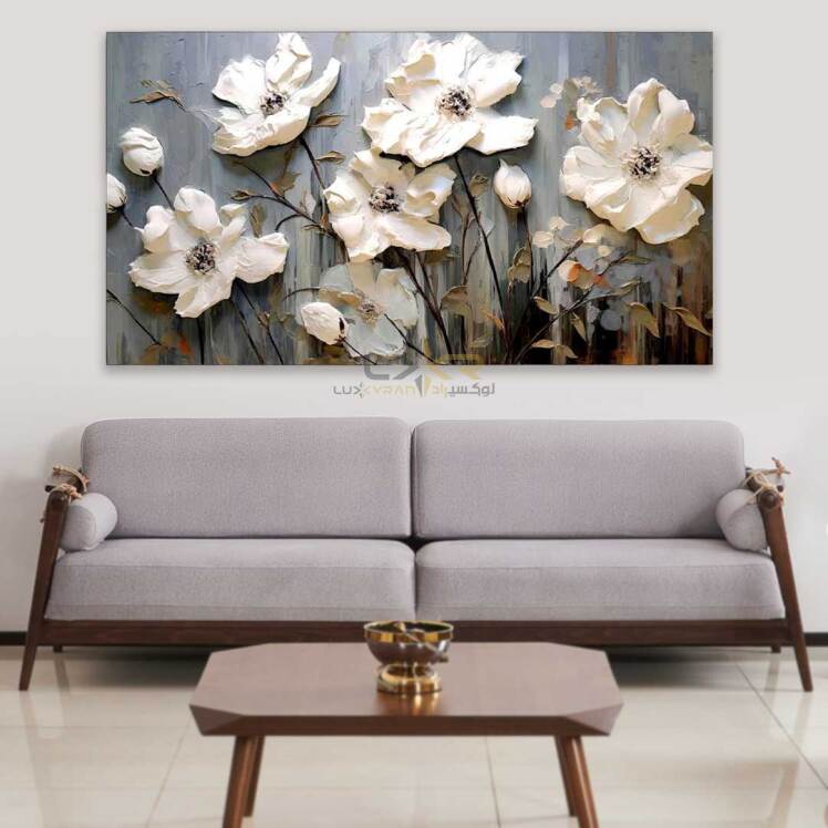 تابلو دکوراتیو مستطیلی طرح گل سفید طوسی