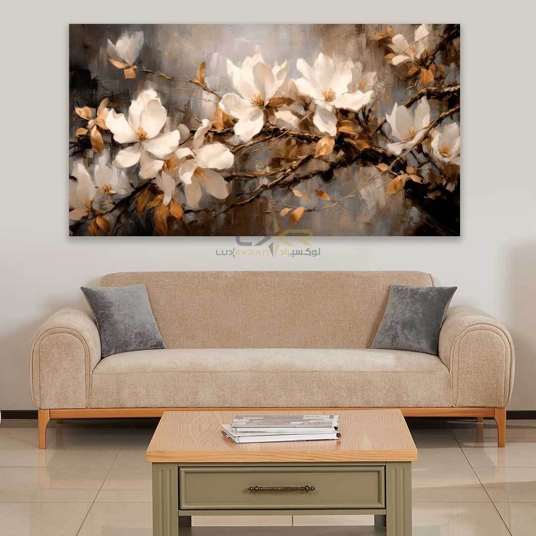  تابلو دکوراتیو مستطیلی طرح شکوفه های سفید روی شاخه قهوه ای 